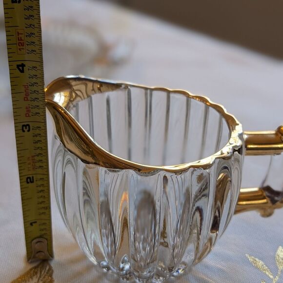 Vintage Jeannette Glass Creamer Sugar Bowl & Tray Set Ribbed Gold Hobnail MCM - Picture 5 of 16